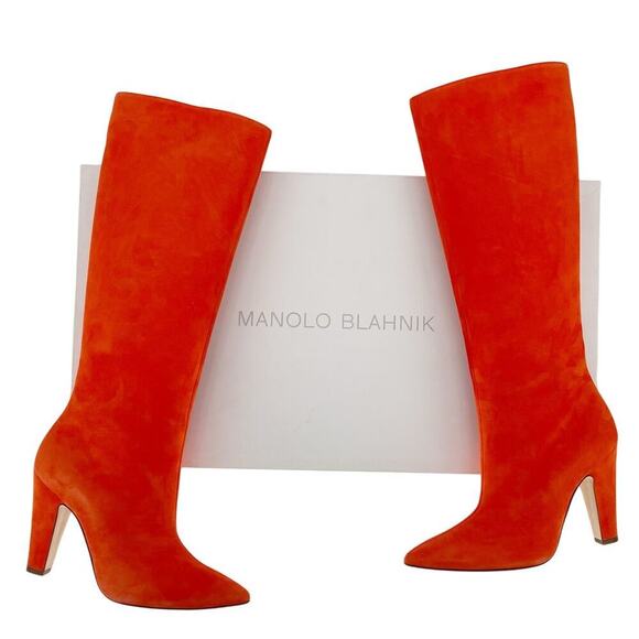 Manolo Blahnik Lina Orange Suede Knee High Pointed Toe Heeled Boot size IT 39.5 - Picture 1 of 15